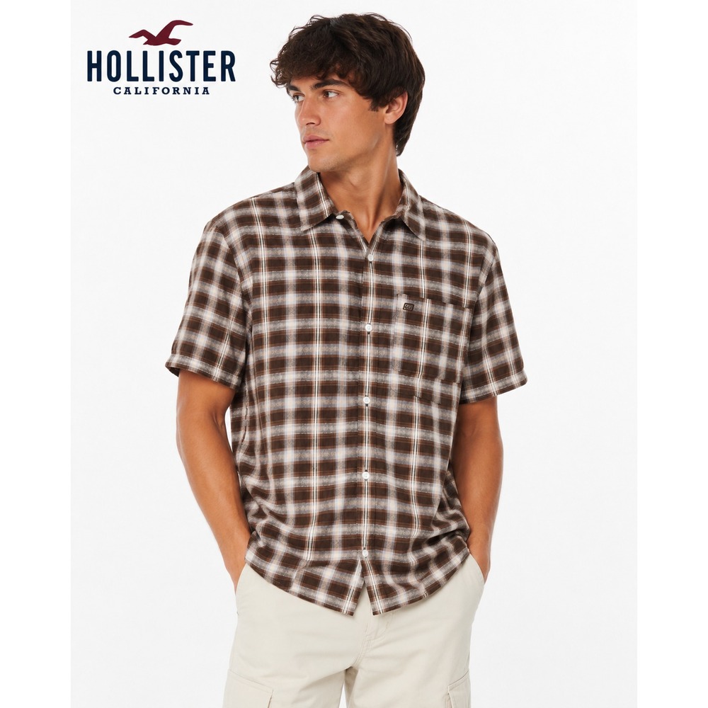Hollister Shirt Men's Large Brown Boxy Short-Sleeve Button